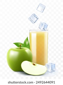 A glass of fresh apple juice or smoothie with ice cubes falling into the glass. Cup of cocktail or yogurt with green apple, isolated on transparent background. Realistic 3d vector