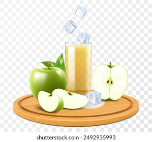 A glass of fresh apple juice or smoothie with ice cubes. Cup of cocktail or yogurt with green ripe apples on wooden tray, isolated on transparent background. Realistic 3d vector