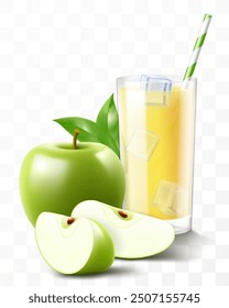 A glass of fresh apple juice or smoothie with ice cubes falling into the glass. Cup of cocktail or yogurt with green apple, isolated on transparent background. Realistic 3d vector