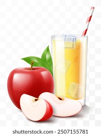 A glass of fresh apple juice or smoothie with ice cubes falling into the glass. Cup of cocktail or yogurt with red apple, isolated on transparent background. Realistic 3d vector