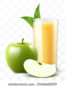 A glass of fresh apple juice or smoothie. Cup of cocktail or yogurt with green apple, isolated on transparent background. Realistic 3d vector illustration