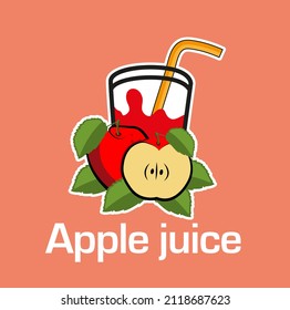 Glass of fresh apple juice. Vector Illustration on pink background.