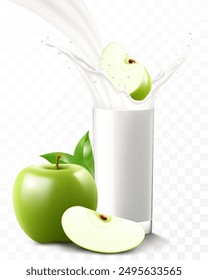 A glass of fresh apple yogurt or milkshake. Cup of cocktail or milk with green apple, isolated on transparent background. Realistic 3d vector illustration