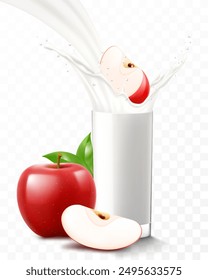 A glass of fresh apple yogurt or milkshake. Cup of cocktail or milk with red apple, isolated on transparent background. Realistic 3d vector illustration