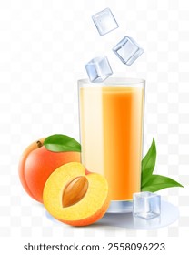 A glass of fresh apricot juice or smoothie with ice cubes. Cup of cocktail or yogurt with ripe sweet apricot fruits, isolated on transparent background. Realistic 3d vector