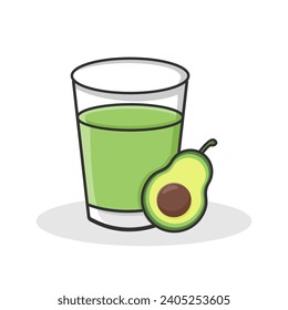 A glass of fresh avocado fruit flavored juice is designed in simple flat cartoon style, drink theme icon. Vector illustration. Persea americana. 