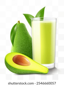 A glass of fresh avocado juice. Cup of smoothie or cocktail with avocado fruits isolated on transparent background. Realistic 3d vector illustration