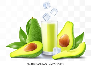 Ein Glas frischer Avocadosaft mit Eiswürfeln. Tasse Smoothie mit Avocadofrüchten einzeln auf transparentem Hintergrund. Realistische 3D-Vektorgrafik