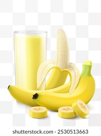 A glass of fresh banana juice or smoothie. Cup of cocktail or yogurt with ripe sweet banana fruits, isolated on transparent background. Realistic 3d vector illustration