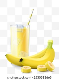 A glass of fresh banana juice or smoothie with ice cubes and straw. Cup of cocktail or yogurt with ripe sweet banana fruits, isolated on transparent background. Realistic 3d vector