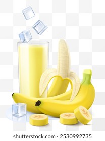 A glass of fresh banana juice or smoothie with ice cubes. Cup of cocktail or yogurt with ripe sweet banana fruits, isolated on transparent background. Realistic 3d vector illustration