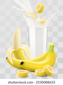 Um copo de iogurte de banana ou milkshake fresco. Xícara de coquetel ou leite com deliciosa banana doce, isolada em fundo transparente. Ilustração realista do vetor 3d