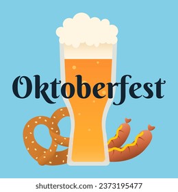 Glass of fresh beer, snacks and text OKTOBERFEST on light blue b