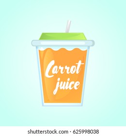 A glass of fresh carrot juice in a glass bowl with a straw. Advertising of the product. Vector illustration. Isolated on a gradient background.

