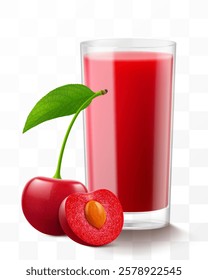 A glass of fresh cherry juice or smoothie. Cup of cocktail or compote with ripe sweet cherry berries, isolated on transparent background. Realistic 3d vector illustration