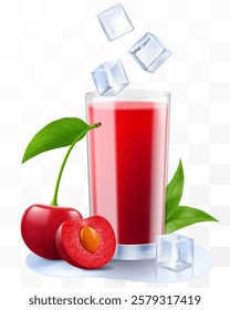 A glass of fresh cherry juice or smoothie with ice cubes. Cup of cocktail or compote with ripe sweet cherry berries, isolated on transparent background. Realistic 3d vector illustration