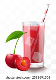 A glass of fresh cherry juice or smoothie with straw and ice cubes. Cup of cocktail or compote with ripe sweet cherry berries, isolated on transparent background. Realistic 3d vector illustration