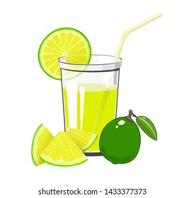 Glass of Fresh Citrus Fruit Juice of Lime and Lemon and a Straw Isolated on White Background , Summer Refreshing Drink with Lime and Lemon Slices, Vector Illustration