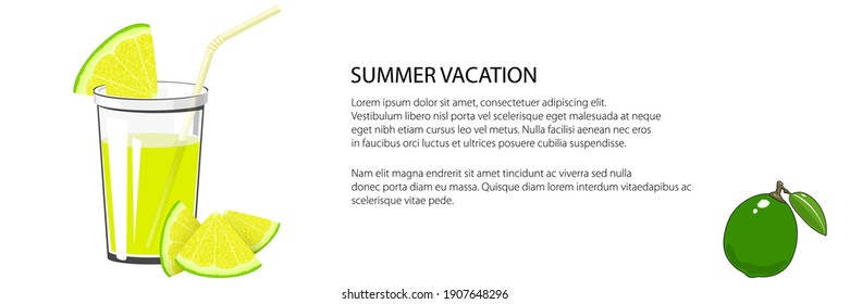 Glass of fresh citrus fruit juice of lime and lemon and a straw, summer banner, refreshing drink with lime and lemon slices, vector illustration