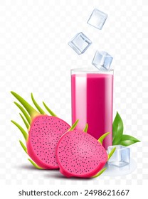 A glass of fresh dragon fruit juice or smoothie with ice cubes falling into the glass. Cup of vitamin cocktail or yogurt with tasty pitaya, isolated on transparent background. Realistic 3d vector