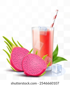 A glass of fresh dragon fruit juice or smoothie with ice cubes and straw. Cup of vitamin cocktail or yogurt with tasty pitaya, isolated on transparent background. Realistic 3d vector