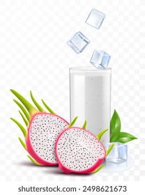 A glass of fresh dragon fruit yogurt or milkshake. Cup of cocktail or milk with pitaya or pitahaya, isolated on transparent background. Realistic 3d vector illustration