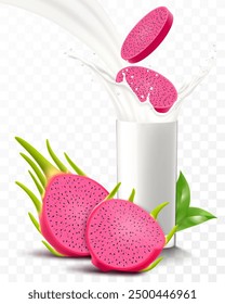 A glass of fresh dragon fruit yogurt or milkshake. Cup of cocktail or milk with pitaya or pitahaya, isolated on transparent background. Realistic 3d vector illustration