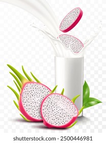 A glass of fresh dragon fruit yogurt or milkshake. Cup of cocktail or milk with pitaya or pitahaya, isolated on transparent background. Realistic 3d vector illustration