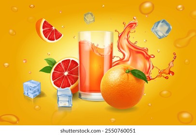 Copo de sumo de citrinos de fruta fresca. Suco de toranja salpicos e copo de bebida, bebida fresca. Ilustração de anúncio realista de vetor.