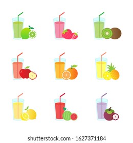 A glass of fresh fruit juice drink collection set isolated on white background.Lime ,strawberry ,kiwi ,apple ,orange ,pineapple ,lemon ,watermelon ,mangosteen.Simple cartoon flat icon logo.Vector.