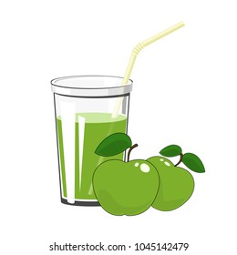 Glass with Fresh Fruit Juice with Green Apple and a Straw Isolated on a White Background , Summer Time, Vector Illustration