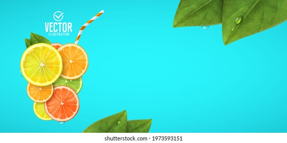 Glass of fresh fruit juice. Lemon, orange, lime and grapefruit. Vector realistic illustration.
