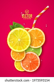 Glass of fresh fruit juice. Lemon, orange, lime and grapefruit. Vector realistic illustration.
