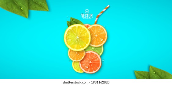 Glass of fresh fruit juice. Lemon, orange, lime and grapefruit. Vector realistic illustration.