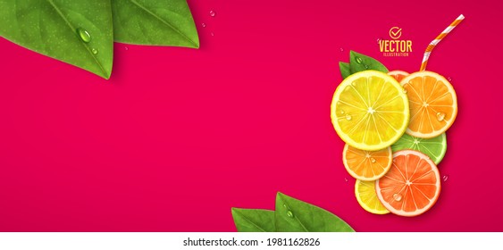 Glass of fresh fruit juice. Lemon, orange, lime and grapefruit. Vector realistic illustration.