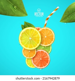 Glass of fresh fruit juice. Lemon, orange, lime and grapefruit. Vector realistic illustration.