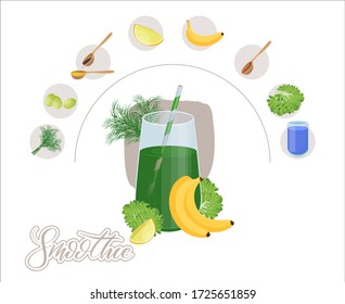 Glass of Fresh Fruit Juice of Lime, Peking cabbage, dill and banana. Isolated on White Background. Detox smoothie cocktail.