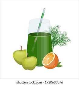 Glass of Fresh Fruit Juice of Orange, Apple and Dill Isolated on White Background. Detox smoothie cocktail.