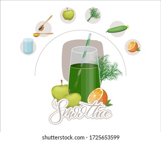 Glass of Fresh Fruit Juice of Orange, Apple and Dill Isolated on White Background. Detox smoothie cocktail.