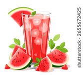 Glass of fresh fruit watermelon smoothie juice with watermelon pieces