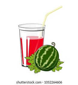 Glass of Fresh Fruity Berry Juice of Watermelon and a Straw Isolated on White Background , Summer Refreshing Drink, Vector Illustration
