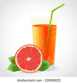 A glass of fresh grapefruit juice and half of red grapefruit with leaf isolated on white