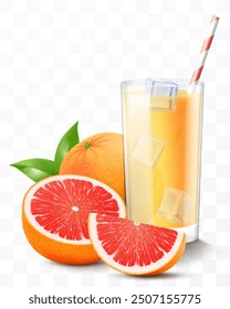 A glass of fresh grapefruit juice or smoothie with ice cubes falling into the glass. Cup of cocktail or yogurt with grapefruit, isolated on transparent background. Realistic 3d vector