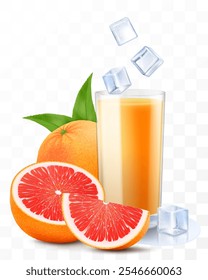 A glass of fresh grapefruit juice or smoothie with ice cubes falling into the glass. Cup of cocktail or yogurt with grapefruit, isolated on transparent background. Realistic 3d vector illustration