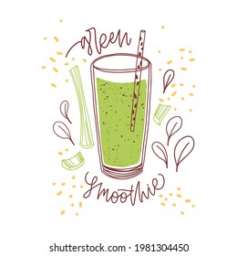 Glass of fresh green smoothie with celery stalk and basil leaves. Organic drink with straw. Detox summer cocktail. Colored flat vector illustration of natural beverage isolated on white background
