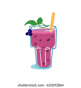 Glass of fresh healthy blackberry smoothie isolated on white background. Healthy lifestyle concept. Vector illustration