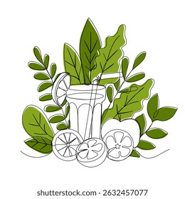 Um copo de suco fresco em contínuo estilo de arte de uma linha. Dieta, conceito de dia de desintoxicação. Ilustração de vetor simples