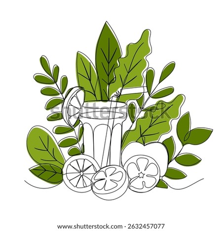 A glass of fresh juice in continuous one line art style. Diet, detox day concept. Simple vector illustration