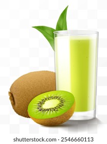 A glass of fresh kiwi juice or smoothie. Cup of cocktail or yogurt with kiwi fruits, isolated on transparent background. Realistic 3d vector illustration