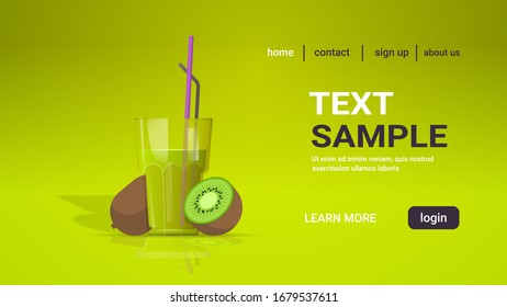 glass of fresh kiwi juice with straw and sliced fruits copy space horizontal vector illustration
